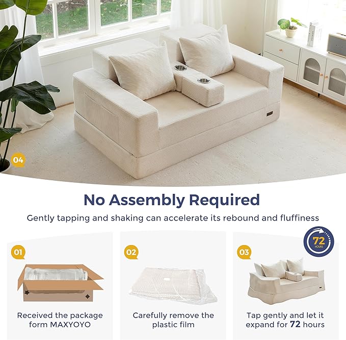 MAXYOYO Loveseat Sofa Bed, 64" Foldable Floor Sofa Couch in A Box with 2 Cup Holders, 4 in 1 Convertible Boneless Couch Folding Recliner Sleeper Chair for Living Room, No Assembly Required, Beige