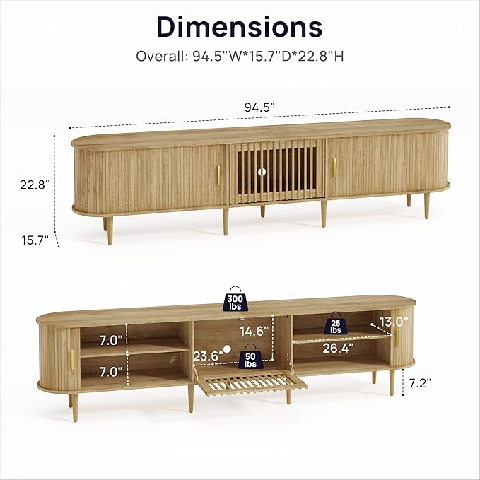 94.5" Fluted Mid Century Modern TV Stand for TVs Up to 80/85/86/90/98/100", Tambour Sliding Doors Entertainment Center with Storage&LED, Curved Media & TV Console Long TV Stands for Living Room, Oak