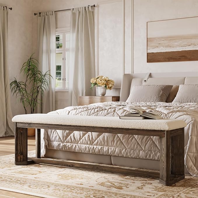 LITTLE TREE 63" Upholstered Bench, Solid Wood Entryway Shoe Bench with Cushion, Long Modern Farmhouse End of Bed Bench with Antique Brown Legs & Faux Lamb Fur Seat for Bedroom 2 PCS
