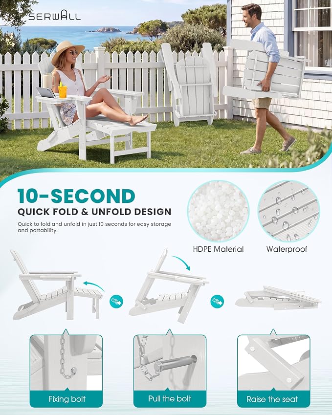 SERWALL Folding Adjustable Adirondack Chairs with Footrest Set of 2, HDPE Outdoor Chair with 4-in-1 Cup Holders, All Weather Adirondack Chair with Ottoman, White
