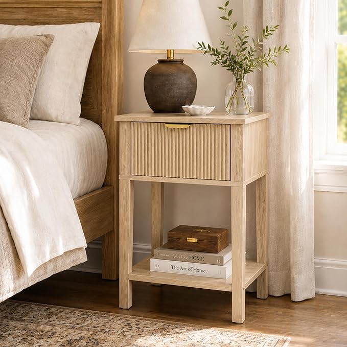 Modern Fluted Small Wood Nightstand, 11.8" Deep x 15.4" Narrow Bedside Table with Drawer & Open Shelf, Boho Scandinavian Accent End Table for Bedroom & Sofa - Oak