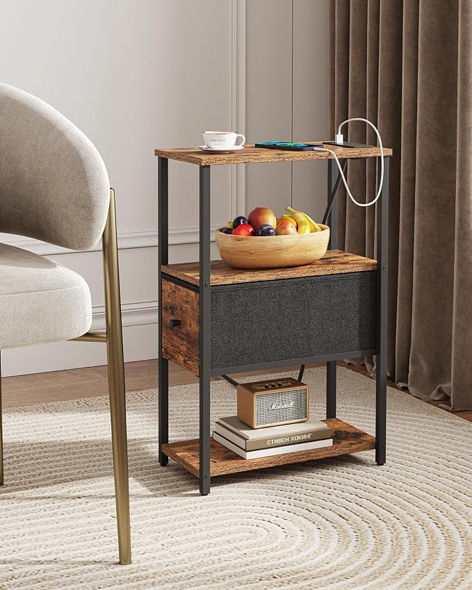 TUTOTAK Set of 2 Small Narrow End Table with Charging Station, Side Table with Outlets, Nightstand with Cloth Drawer, Couch Table, for Living Room, Bedroom, Bedside, Brown TB01BB058