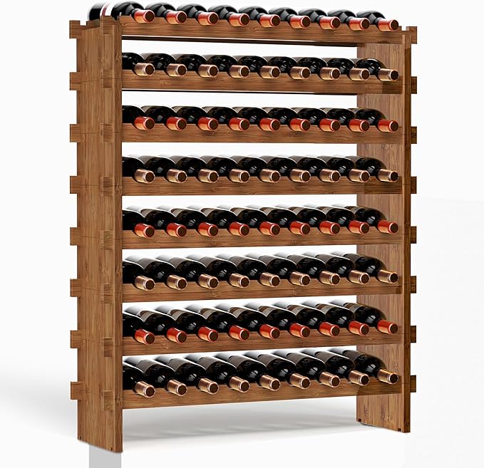 VASMIA Bamboo Stackable Wine Rack,72 Bottles Wine Rack Freestanding Floor,No Tools Assembly,8-Tier Display Wine Storage Shelf for Kitchen, Bar, Dining Room,Cellar,Walnut