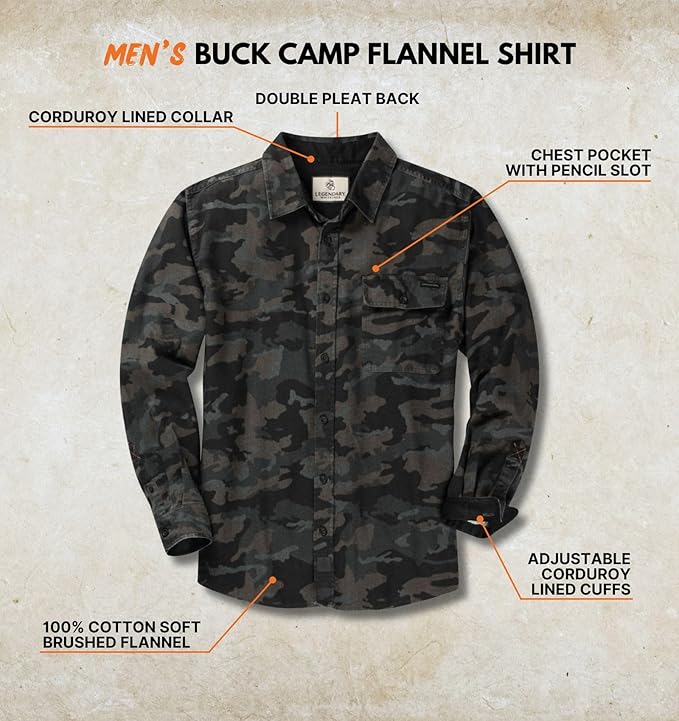Legendary Whitetails Mens Long Sleeve Button Down 100% Cotton Flannel Shirt