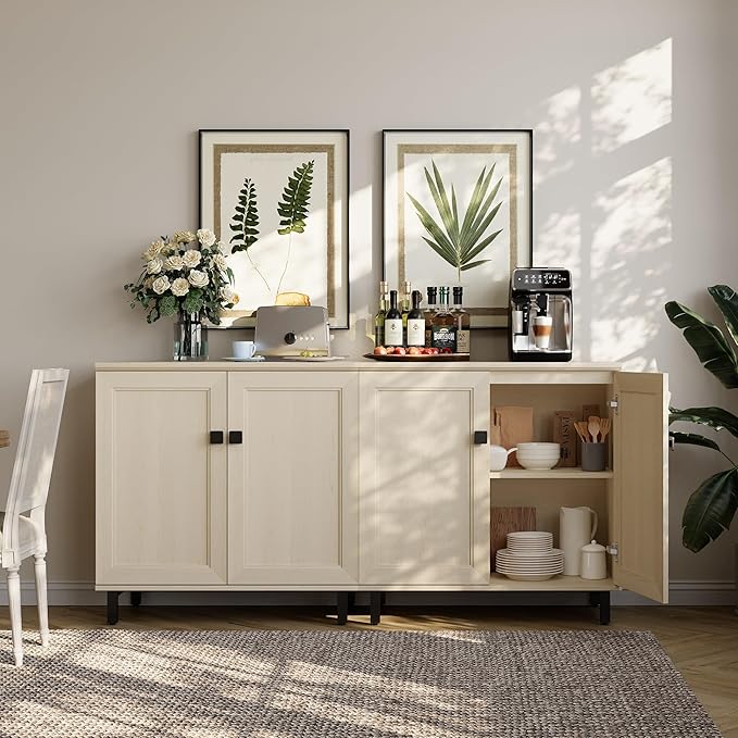 FENSULN Buffet Sideboard Cabinet Farmhouse Modern 2 in 1 Storage Cabinet with Adjustable Shelves for Kitchen, Coffee Bar, Living Room, Beige