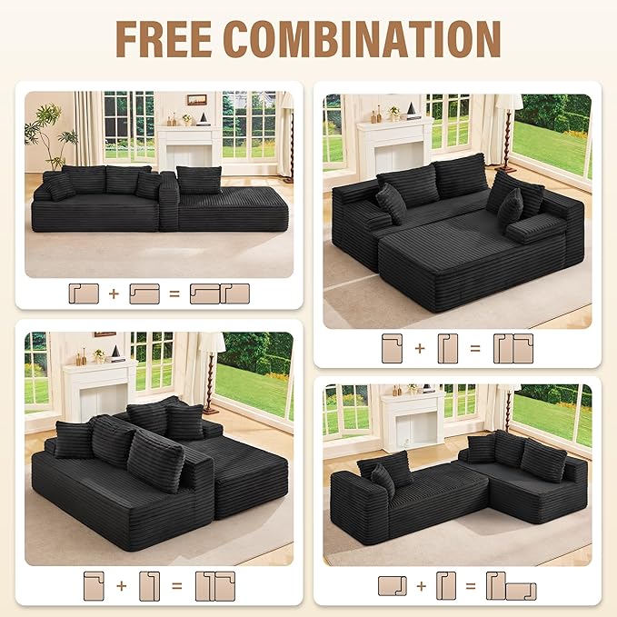 Hobestluk Modular Sectional Sofa Boneless Couch L-Shape Couch 3 Seat Modular Couch Memory Foam Sectional Couches for Living Room Furniture, Cloud Couch with Oversized Chaise (108" Right Facing Chaise)