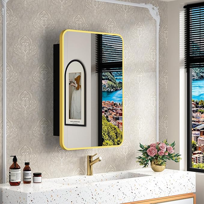 ACEMIRO 16x24 Inch Mirror Medicine Cabinet for Bathroom Gold Metal Frame Bathroom Medicine Cabinet with Mirror Recessed or Wall Mounted