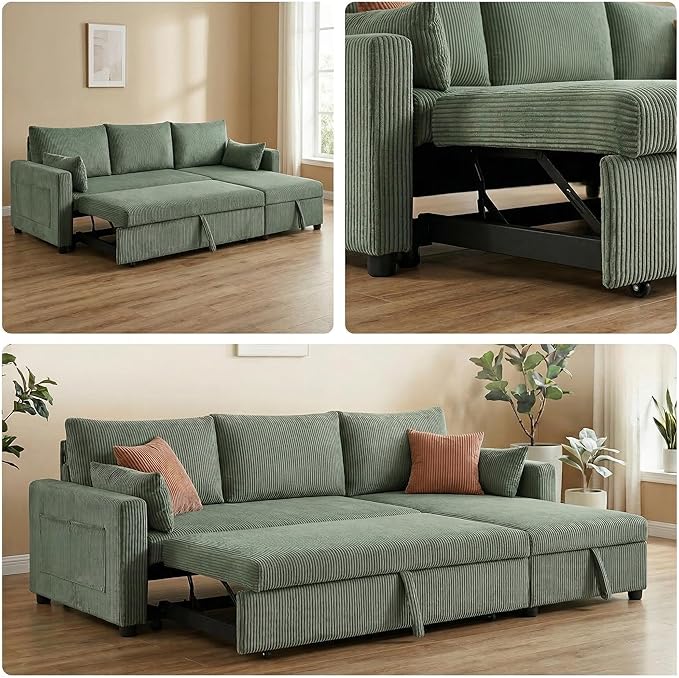 Sectional Sleeper Sofa with Pull Out Bed, L Shape Convertible Sofa Bed Couch with Storage Chaise, 3 in 1 Pull Out Sofa Bed with 3 Seats for Living Room,Apartment, Green, 85Inch