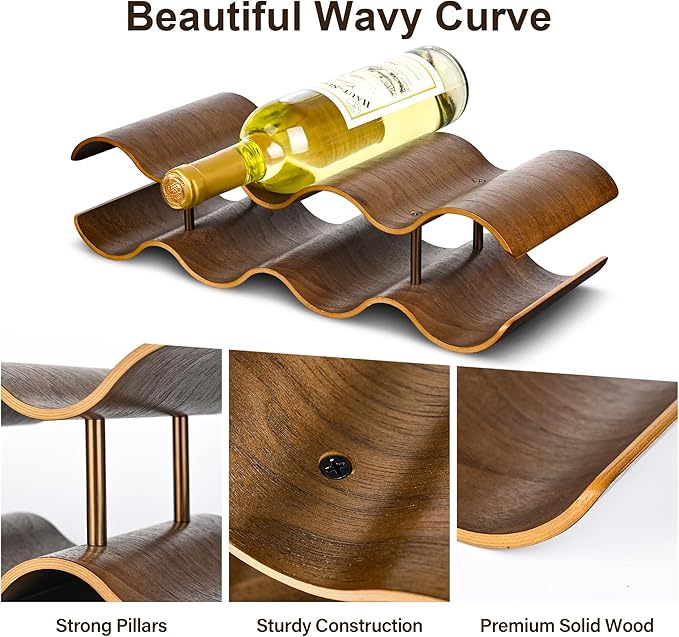 Countertop Wine Rack - 7 Bottle Freestanding Wine Bottle Holder Stand - 2 Tier Wooden Wine Storage Rack - Walnut Wavy Wine Organizer for Cabinet Pantry Home Kitchen Bar
