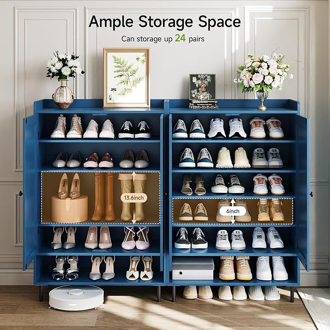 ComfyCorner Blue 7+1 Tier Farmhouse Shoe Storage Cabinet - 45" Tall Entryway Organizer with Cross Molding Doors, 3 Adjustable Shelves & Metal Legs, Shoe Rack for Front Door Entrance