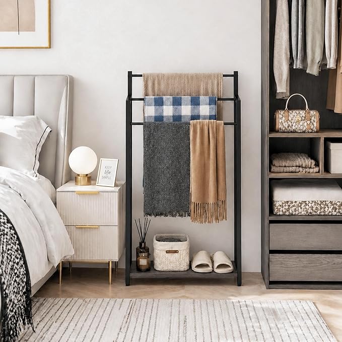 Freestanding Towel Rack, 3 Tier Blanket Ladder Stand with Oak Grey Wooden Shelf for Bathroom Living Room (31.5" H x 16.9" W x7.9 D)