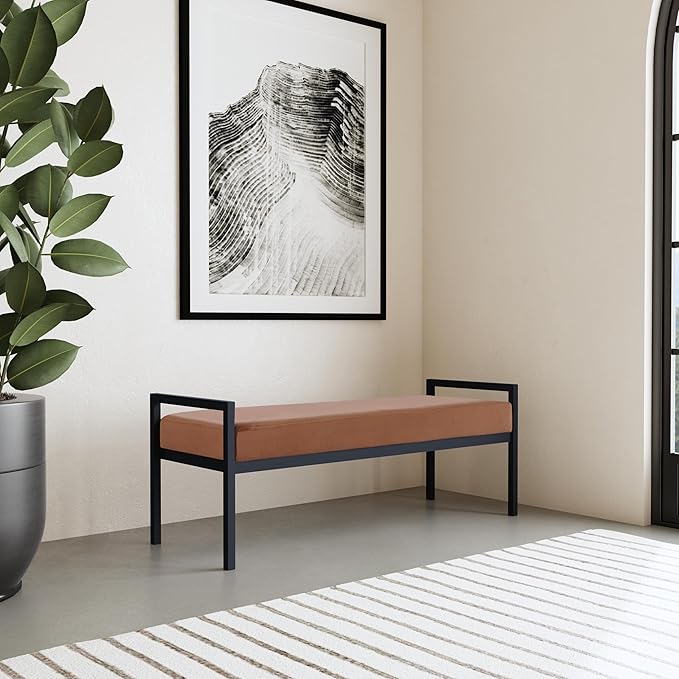 HomePop Modern Velvet Metal Bench| Modern Bench with Metal Leg | Bench for Living Room & Bedroom | Decorative Home Furniture - Cognac Velvet