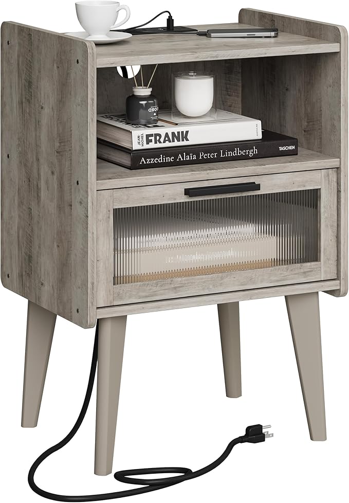 MMEOLUOOK Nightstand with Charging Station, Bedside Tables Oak Grey End Table Side Table with 2 Tiers Storage Space, for Bedroom Living Room MLBZ07GE
