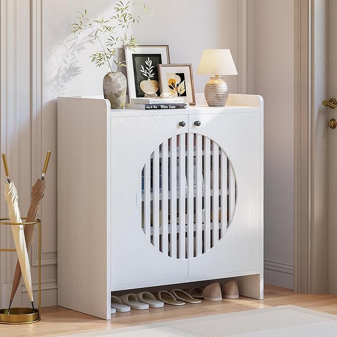 LIKIMIO Shoe Cabinet with Adjustable Shelves, 4-Tier Shoe Storage Cabinet with Slatted Doors, Freestanding Wooden Shoe Cabinet Storage for Entryway, Hallway, Living Room, White