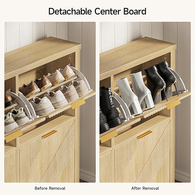 ONBRILL Shoe Cabinet with 4 Flip Drawers, 16-24 Pairs Shoe Organizer with Symmetric Groove Pattern, Freestanding Slim Hidden Shoe Storage Cabinet for Entryway, Hallway (Natural Oak)