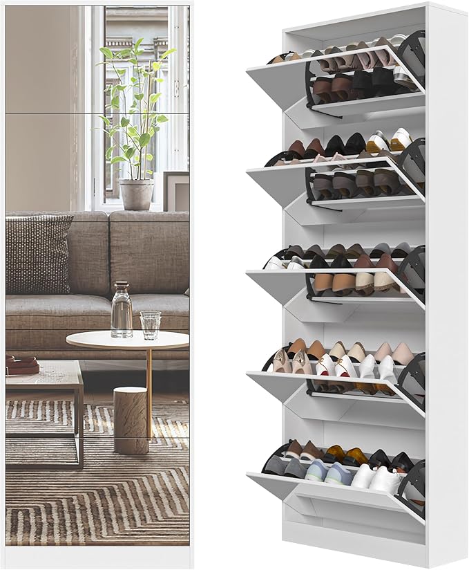 Shoe Storage Cabinet with Full Length Mirror, 30 Pairs & 5 Flip Drawer, Free Standing Shoe Rack Cabinet, Narrow Shoes Organizer for Front Door, Entryway