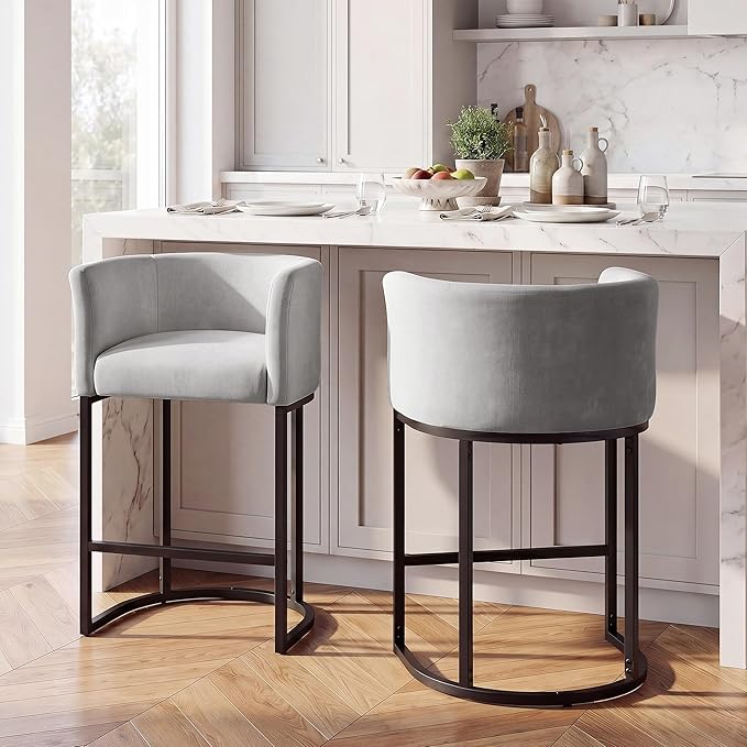 GRUSIGN Chenille Counter Height Bar Stools Set of 2, 26" Kitchen Island Stools with Arms & Footrest, Upholstered Barrel Back Bar Chairs for Kitchen, Dining Room, Bar & Lounge Area, 450 lbs, Grey