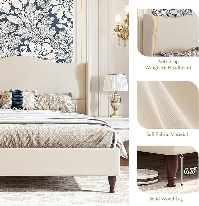 koorlian Queen Size Bed Frame Upholstered Platform Bed with 51" Tall Headboard Wingback, Soft Fabric, Retro Simple Style Platform Bed No Box Spring Needed, Easy Assembly, Beige