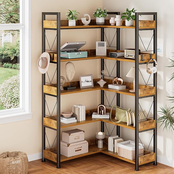 DUMOS 65 inch L Shaped Bookshelf, 5 Tier Corner Bookcase with Hooks and Edge, Industrial Pantry Shelves with Metal Frame, Wooden Open Storage for Living Room, Home Office, Bedroom, Rustic Brown