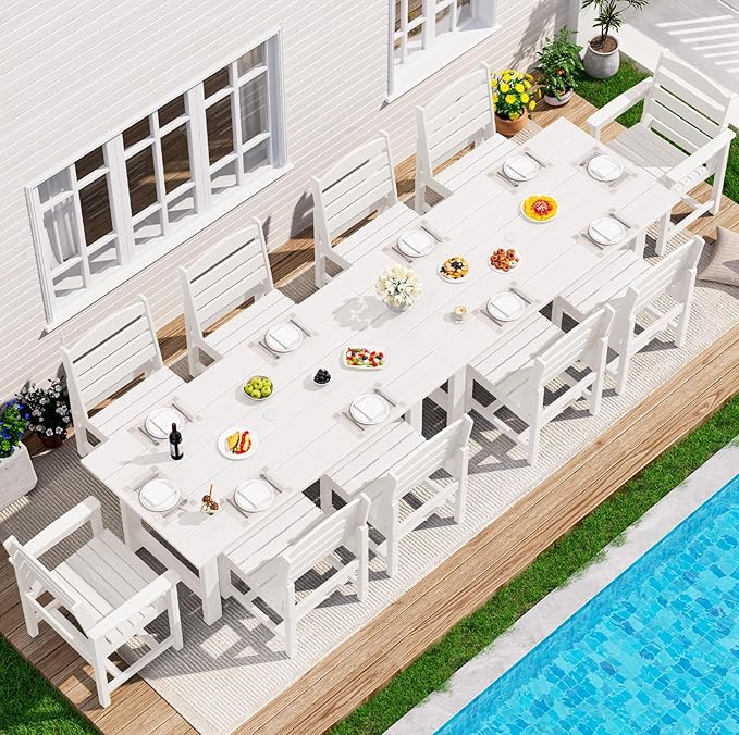 SERWALL Patio Dining Sets for 10 Person, HDPE Dining Set with 2 Tables, 8 Armless Chairs and 2 Armed Dining Chairs, White