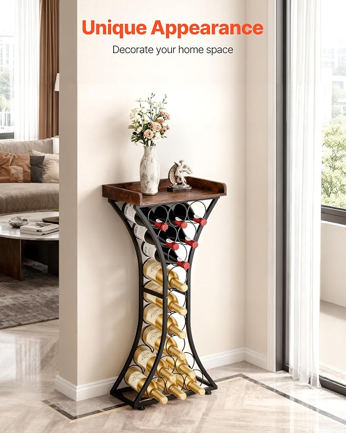 VEVOR 15 Bottle Wine Rack,Iron Freestanding Floor Wine Holder, Mini Bar Stand Liquor Cabinet with Wood Tabletop, for Home Bar,Kitchen,Living Room,Dining Room,16.9''L X 11.4''W X 35.2''H