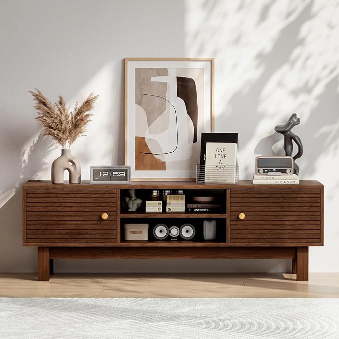 YOSHOOT Mid Century TV Stand for 55 inch TVs, Modern Entertainment Center with Storage Cabinets, Solid Wood Media Console with Open Shelves for Living Room & Bedroom, Antique