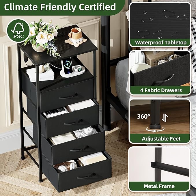 Somdot Black Nightstand with Charging Station and LED Light for Bedroom, Tall 4 Drawers Dresser with Fabric Bins for Bedside Kids Dorm Room Closet Laundry Entryway, Black