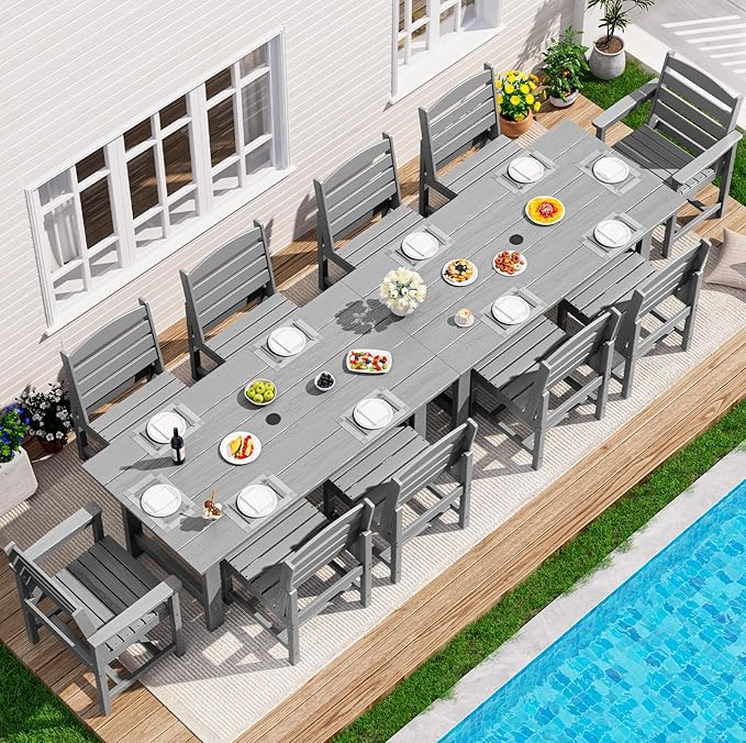SERWALL Patio Dining Sets for 10 Person, HDPE Dining Set with 2 Tables, 8 Armless Chairs and 2 Armed Dining Chairs, Light Gray
