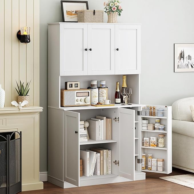 ONBRILL 71" Tall Kitchen Pantry Storage Cabinet with Microwave Stand & Door Shelf, Freestanding Kitchen Hutch with 6 Doors and Adjustable Shelves, Modern Food Pantry for Dining Room, White