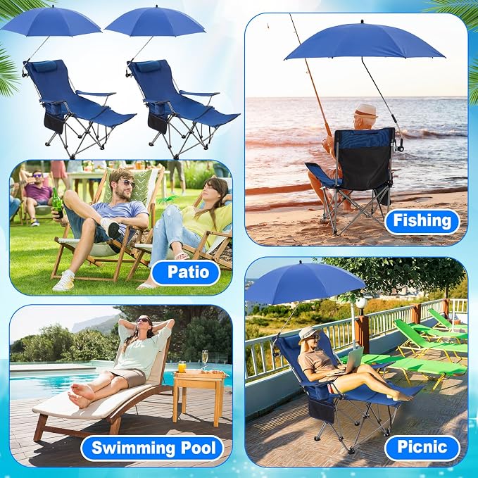 Yuntau 2 Set Reclining Beach Chairs with UPF 50+ Umbrellas Shade, Upgraded Heavy Duty Portable Folding Lounge Camping Chair with Canopy Removable Footrest & Headrest for Outdoor Patio(Blue)