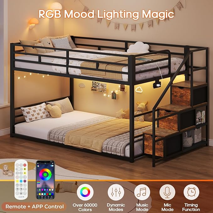 ADORNEVE Low Bunk Bed Twin Over Twin with Storage Staircase, Drawers & Shelves, RGB LED Lights Metal Floor Bunk with Power Outlet, Full-Length Guardrail & Metal Slats, for Small Space, Kids, Black