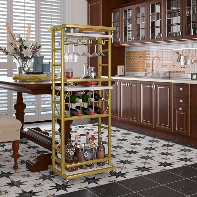 4 Tier Bar Cart with Wheels, Home Bar Serving Cart, Rolling Mini Wine Cart with Wine Rack and Glass Holder, Drink Cart for Dining Room, Living Room, Kitchen, Bar and Outdoor, Gold