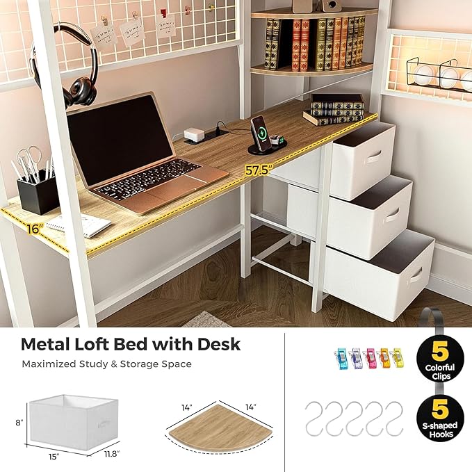 Kikihouse Full Size Loft Bed with Desk and Stairs, Headboard, Wardrobe, Bedside Storage Shelf, 6 Drawers, Charging Station & LED Light, Metal Gaming Loft Bed Frame for Adult Space-Saving