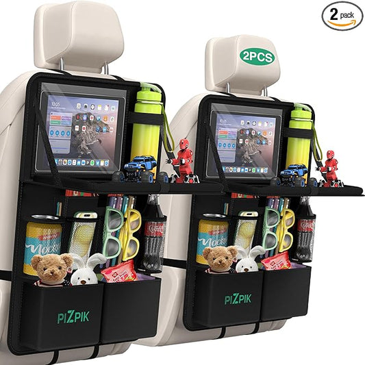 Plzpik Car Backseat Organizer with Tablet Holder,11 Storage Pockets with Foldable Food Tray, Protector Kick Mats for Kids, Travel Accessories Organizer (Black, 2Pack)