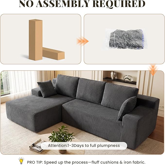 GRUSIGN Cloud Sectional Boneless Couches for Living Room, Modular L Shaped Couch with Deep Seat Oversized Left Facing Chaise, Memory Foam Compressed Spineless 3 Seater Sofa for Apartment, Grey