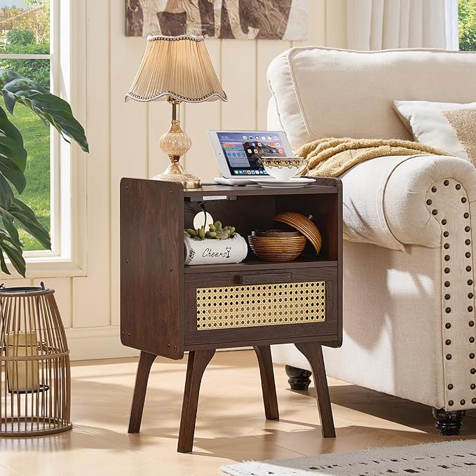 Lerliuo Rattan Nightstand with Charging Station, Walnut Bedside Table with Drawer Open Shelf, Cane Accent Side End Table with Solid Wood Legs, Night Stand for Bedroom, Dorm and Small Spaces