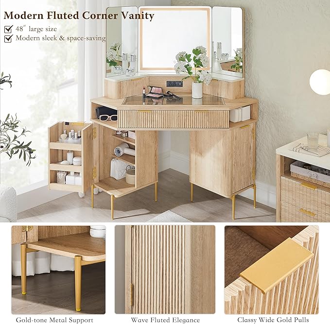 T4TREAM 48" Fluted Makeup Vanity Desk with HD Triple Mirror and Lights, Large Lighted Corner Vanity with Glass Top, Modern Dressing Table with 3 Drawers & 2 Cabinets for Bedroom, Natural Oak