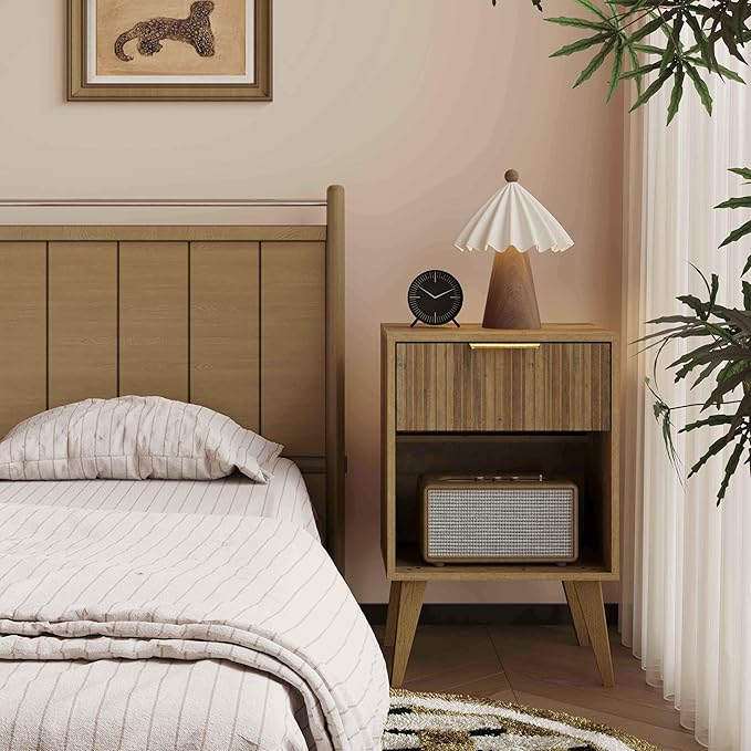 YAUKOMEL Fluted Night Stand with Opening Storage,Mid Century Bedside Table with Drawer,Wood Nightstand with Legs,End Table Side Table for Living Room,Bedroom,Caramel Oak 11.8"Dx15.7Wx 25.2"H CTG56BR