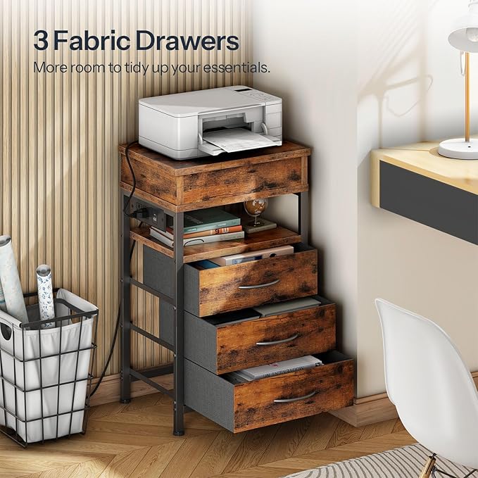 HOOBRO Nightstand with Charging Station, Bedside Table with Fabric Drawers, End Table with Lockable Hidden Compartment, 2 AC Outlets, 1 USB-A, 1 Type-C, for Bedroom, Rustic Brown and Black BF143UBZ01