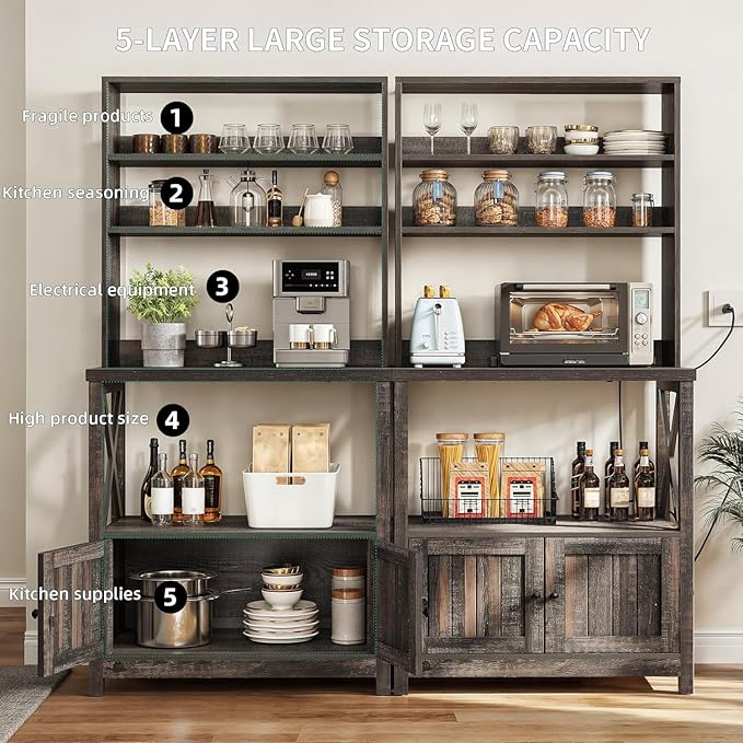 YITAHOME Bakers Rack with Power Outlet and Storage Cabinet Door, 5-Tiers Kitchen Tall Microwave Stand, Farmhouse Small Pantry Hutch, Thickened Counter Coffee Bar Station with Shelves, Black Oak
