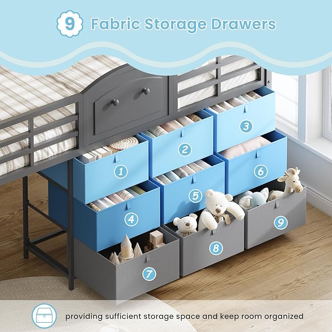 VIAGDO Low Loft Bed Full Size with 9 Storage Drawers and LED Lights, Metal Full Size Loft Bed with Stairway Shelf Storage, Low Loft Bed with Safety Guardrail and Under-Bed Hideaway for Kids, Grey