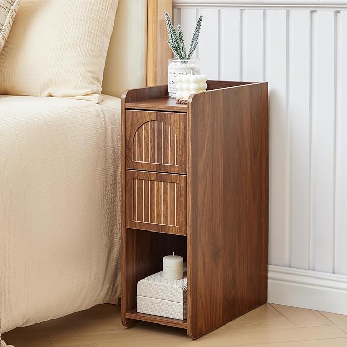 Narrow Nightstand Set of 2, Wooden Small 2 Drawer Nightstand, Slim Side End Table, Skinny Bedside Table, Mid Century Modern Night Stand with Drawers, for Living Room (Deep Walnut-2 pcs)