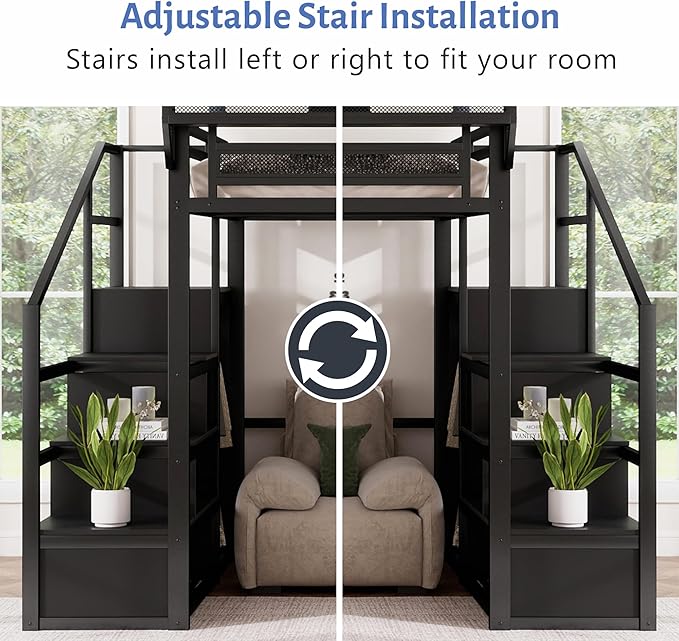 Mirightone Queen Size Loft Bed with Stairs and Storage, Metal Loft Bed Frame with Bedside Shelf and Large Under-Bed Space, Heavy-Duty Loft Beds for Adults Teens and Kids, Convertible Staircase, Black