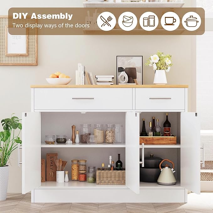 Vongrasig Buffet Cabinet with Storage, 43” Farmhouse Coffee Bar Cabinet with 3 Doors, Wood Buffet Table for Kitchen Dining Room Living Room, Off White