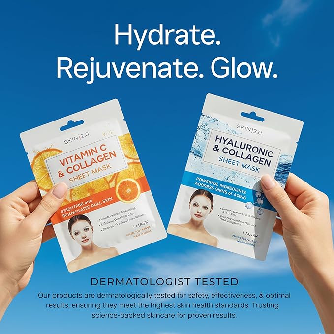 Vitamin C & Hyaluronic Acid Face Mask with Collagen – Dermatologist Tested, Korean Skin Care – Ultra Hydrating & Firming Sheet for Smoother-Looking Skin – Vegan, Clean Beauty – 10 Count