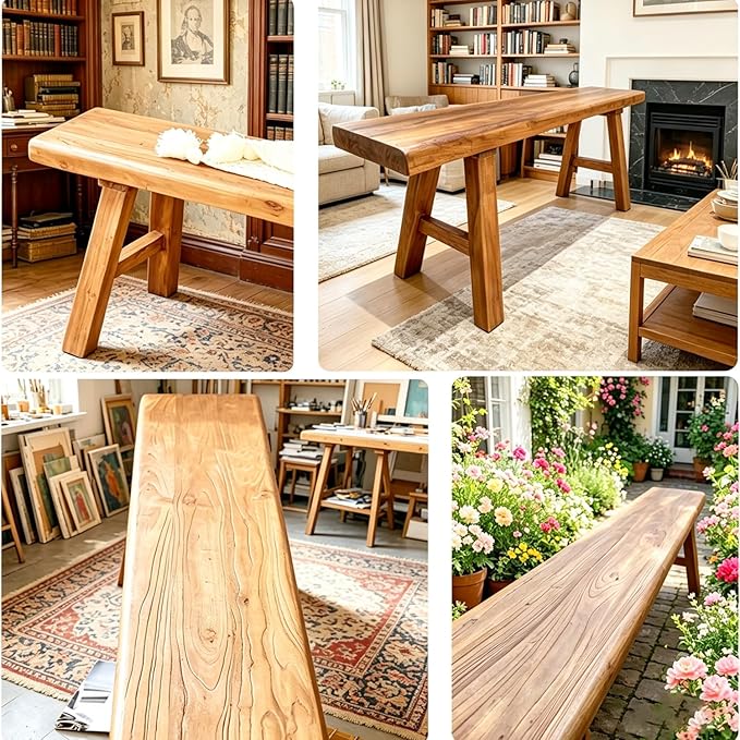 Bench——Wooden Bench Indoor ,Rustic FarmhouseNarrow Entryway Bench withNatural Solid Wood, Durable and Sturdy, Suitable for Dining Room, Bedroom, Porch and Other Narrow Spaces (39.3 * 10.2 * 17.7)，
