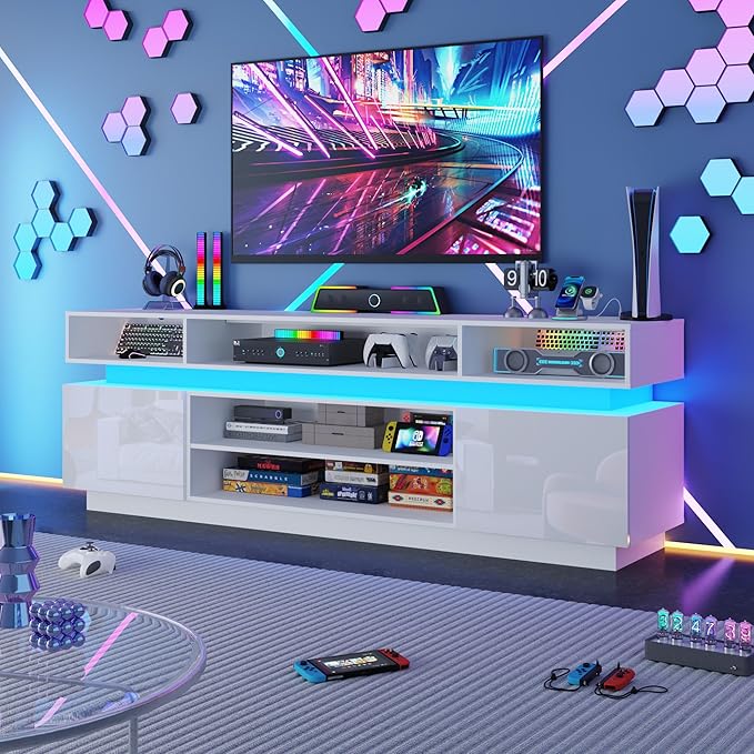 chartustriable LED TV Stand for 95 Inch TV, Modern Tall Entertainment Center with Power Outlets, High Gloss TV Stand, Gaming TV Media Console for Living Room, 83 Inch, White
