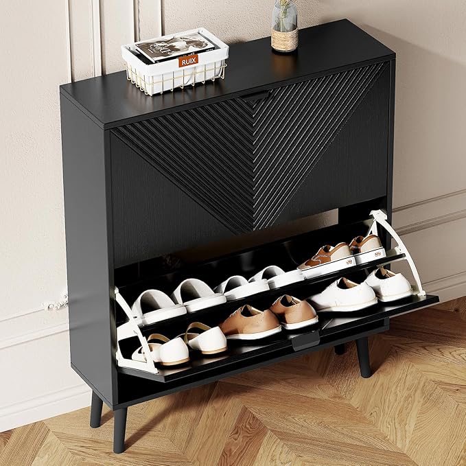 oakvivo Shoe Cabinet Storage, Farmhouse Freestanding Organizer with 2 Flip Drawers and 4 Wooden feet, Narrow Shoe Rack Cabinet for Entryway, Foyer, Hallway, Black