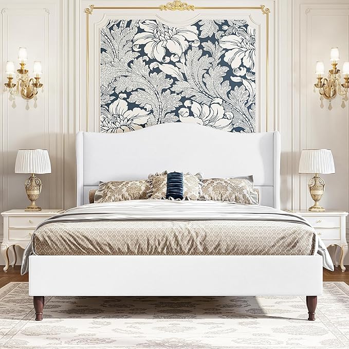 koorlian Queen Size Bed Frame with 51" Tall Headboard, Fully Upholstered Platform Bed Frame with with Soft Fabric, Sleigh Wingback, Solid Wood Retro Legs, Modern Minimalist Style, Easy Assembly, White