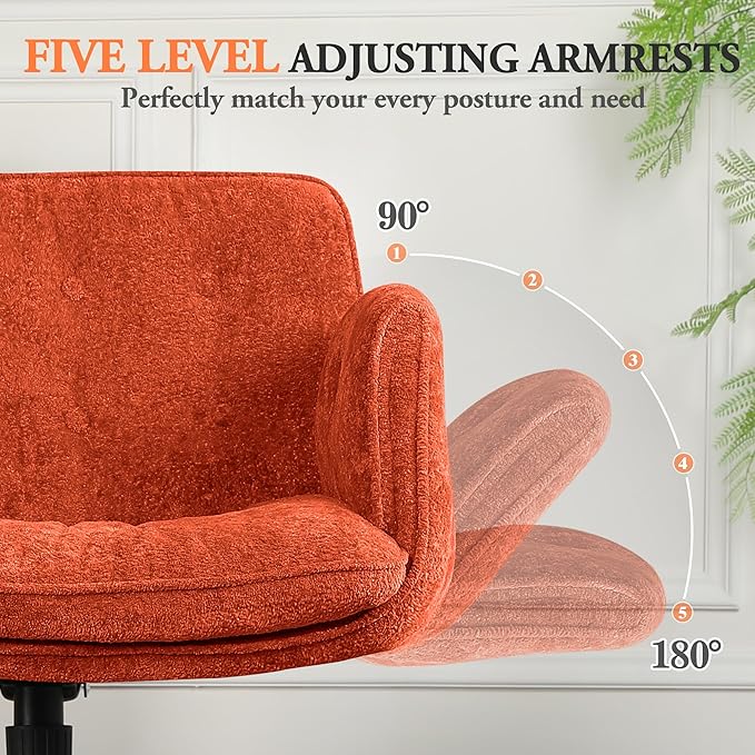 Criss Cross Chair with Lumbar Airbag & Folding Arms Relieve Back Pain, Wide Cross Legged Office Chair for Home Office, Comfy Swivel Desk Chair with Wheels, 5 Level Adjustable Armrest, Chenille(Orange)